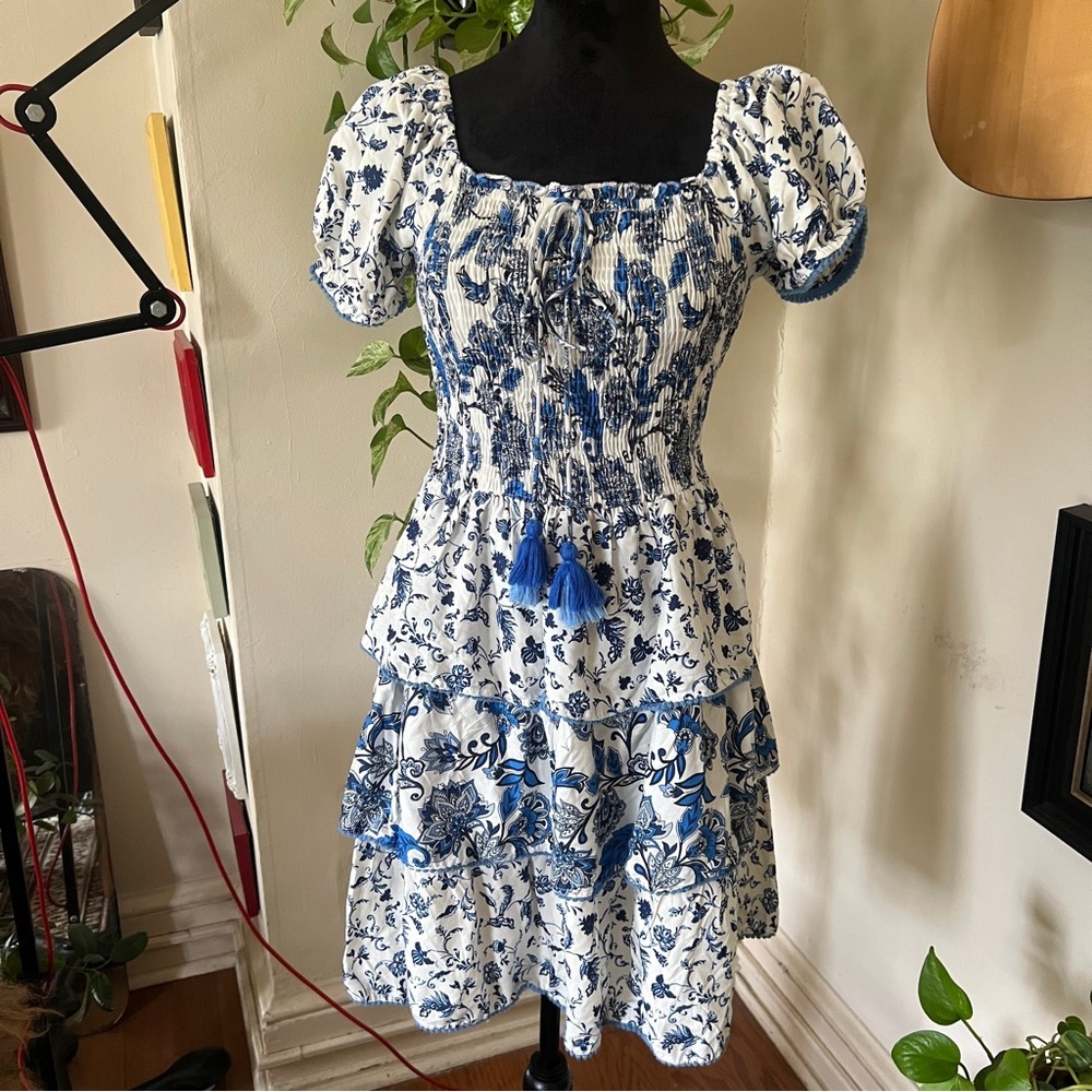 Margaux Riviera Blue White Milkmaid Maid Tiered Dress - Size Small